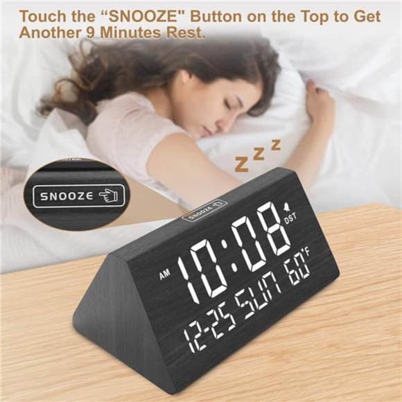 Digital Alarm Clocks for Bedrooms - Wooden Electric Clock with USB Ports, Date - Picture 4 of 6